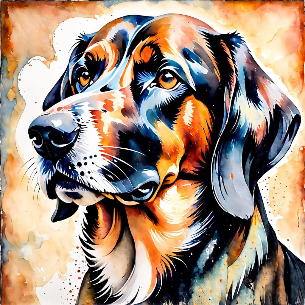 Hound Dog Portrait in Encaustic Watercolor Style