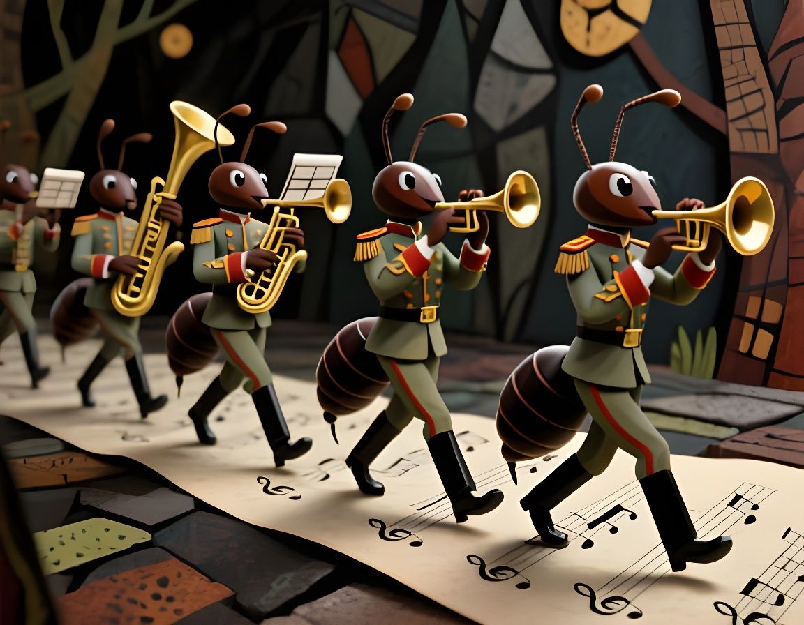 Ant Marching Band in 3D Folk Art Style