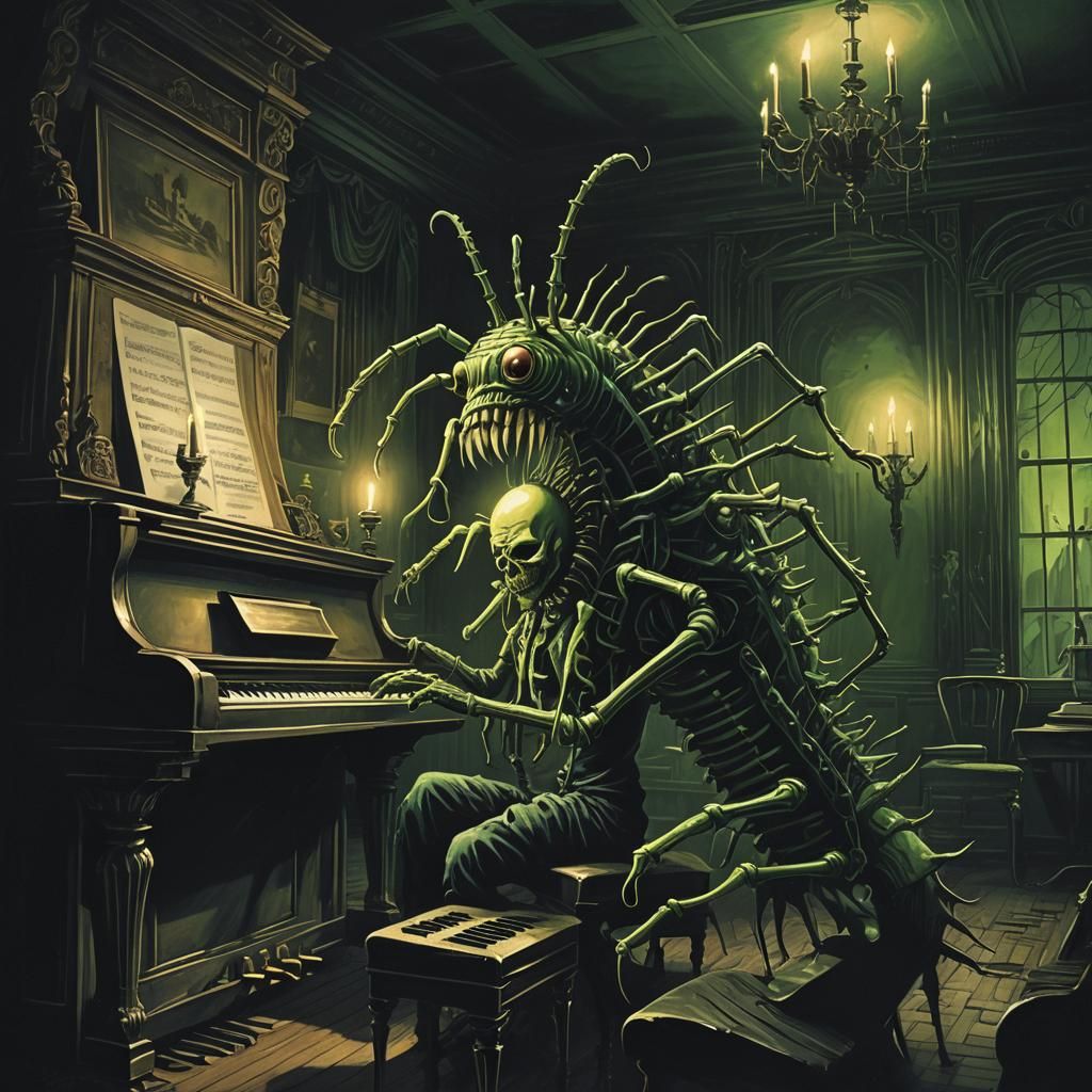 Eerie Centipede Plays Piano: Dark Fantasy Horror Art