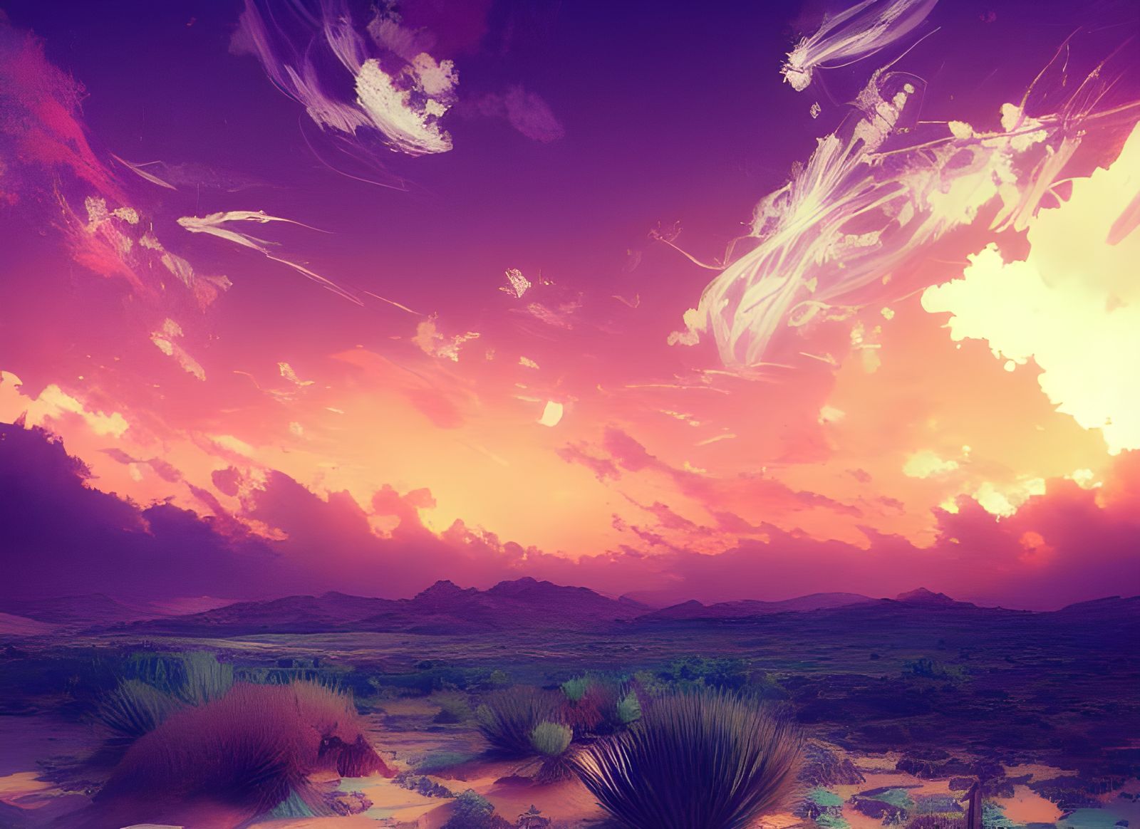 Desert Oasis Digital Illustration with Colorful Sky