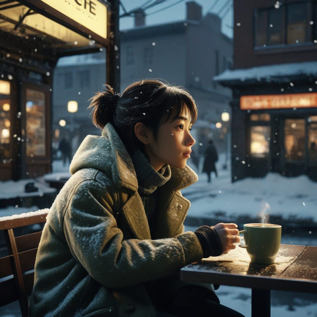 Woman Enjoys Coffee at Cozy Cafe in Snowy Town