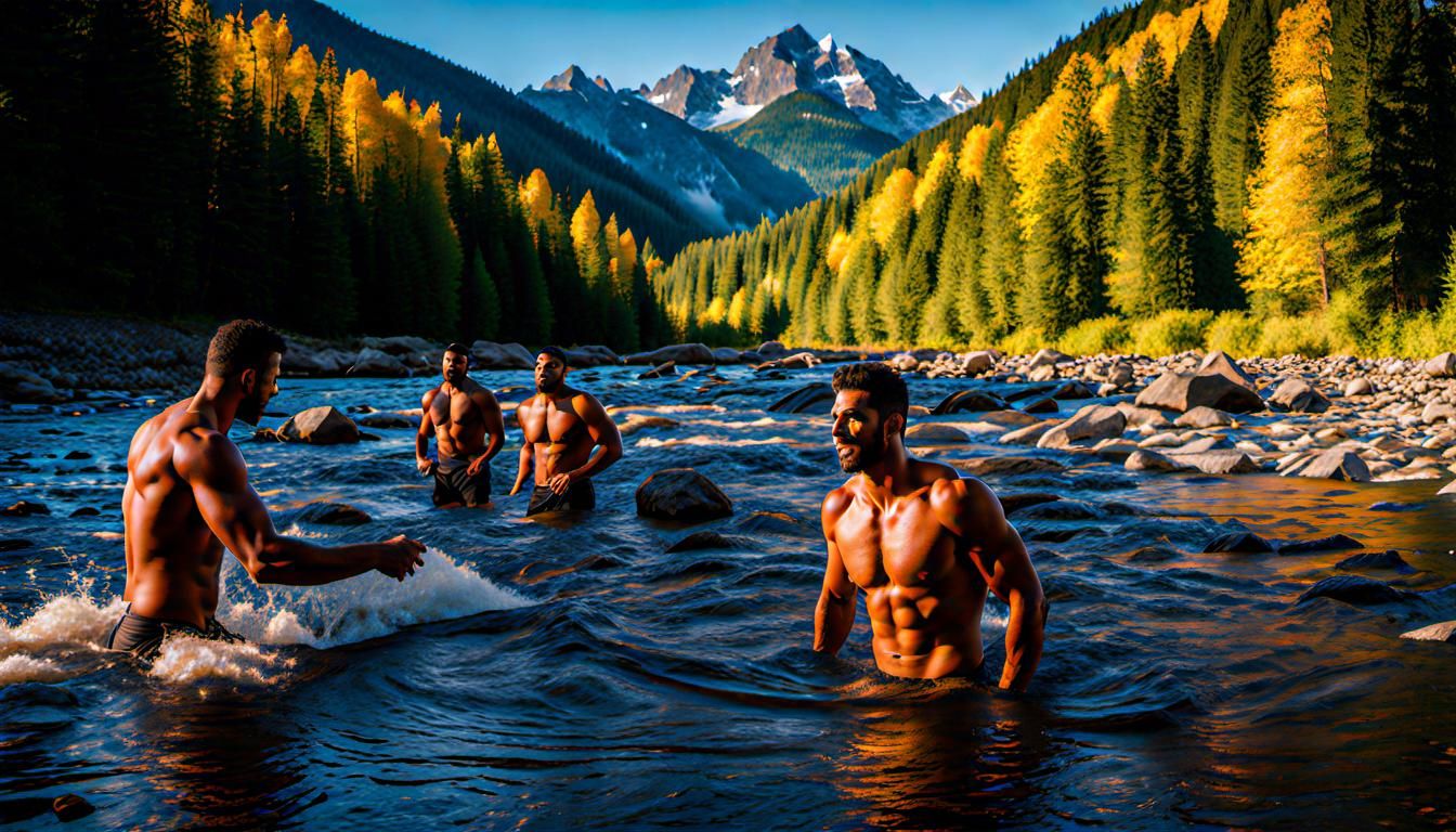 Naked Cowboys Bathing in River Rapids: Hyperrealistic Art