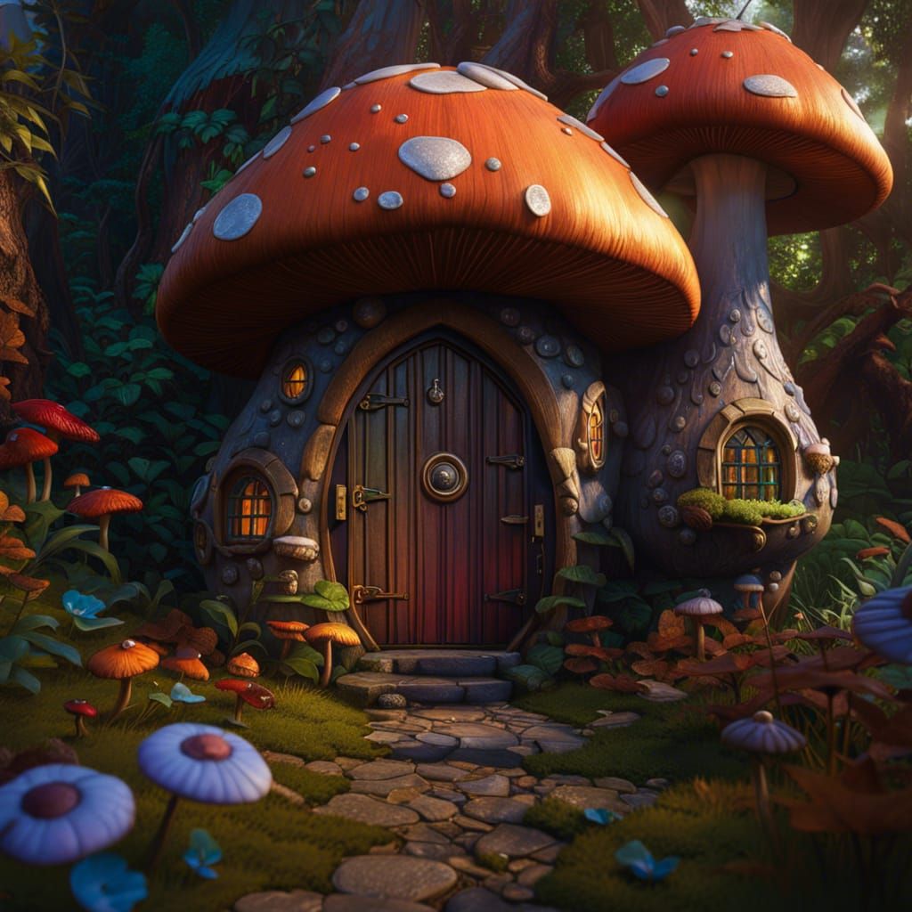 Fantastical Mushroom House with Stained Glass Windows