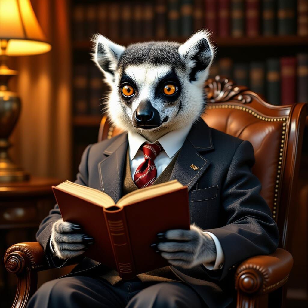 Lemur Reads a Book in Vintage Setting