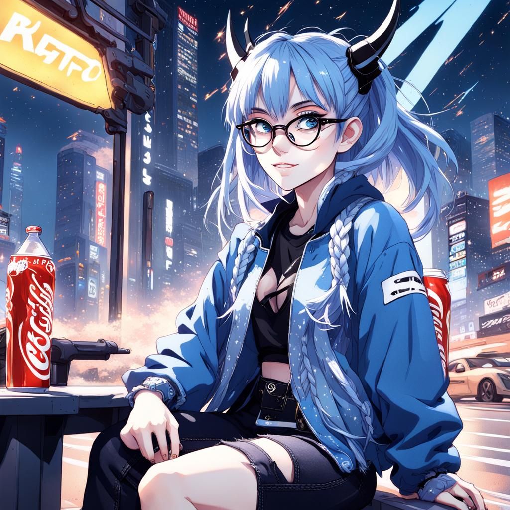 Anime Demon Girl at Car Race with Shooting Stars