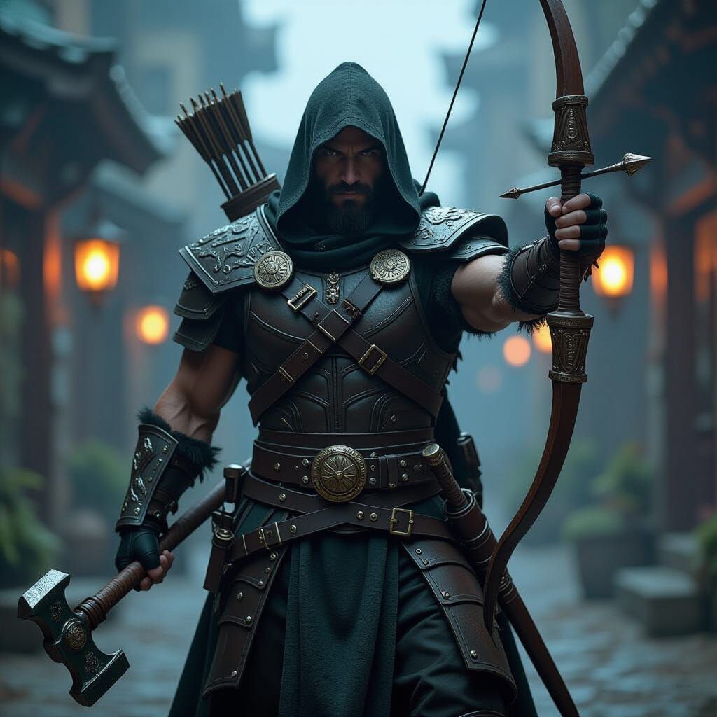 Heroic Warrior Dual-Wielding Crossbows, Cinematic Film Still