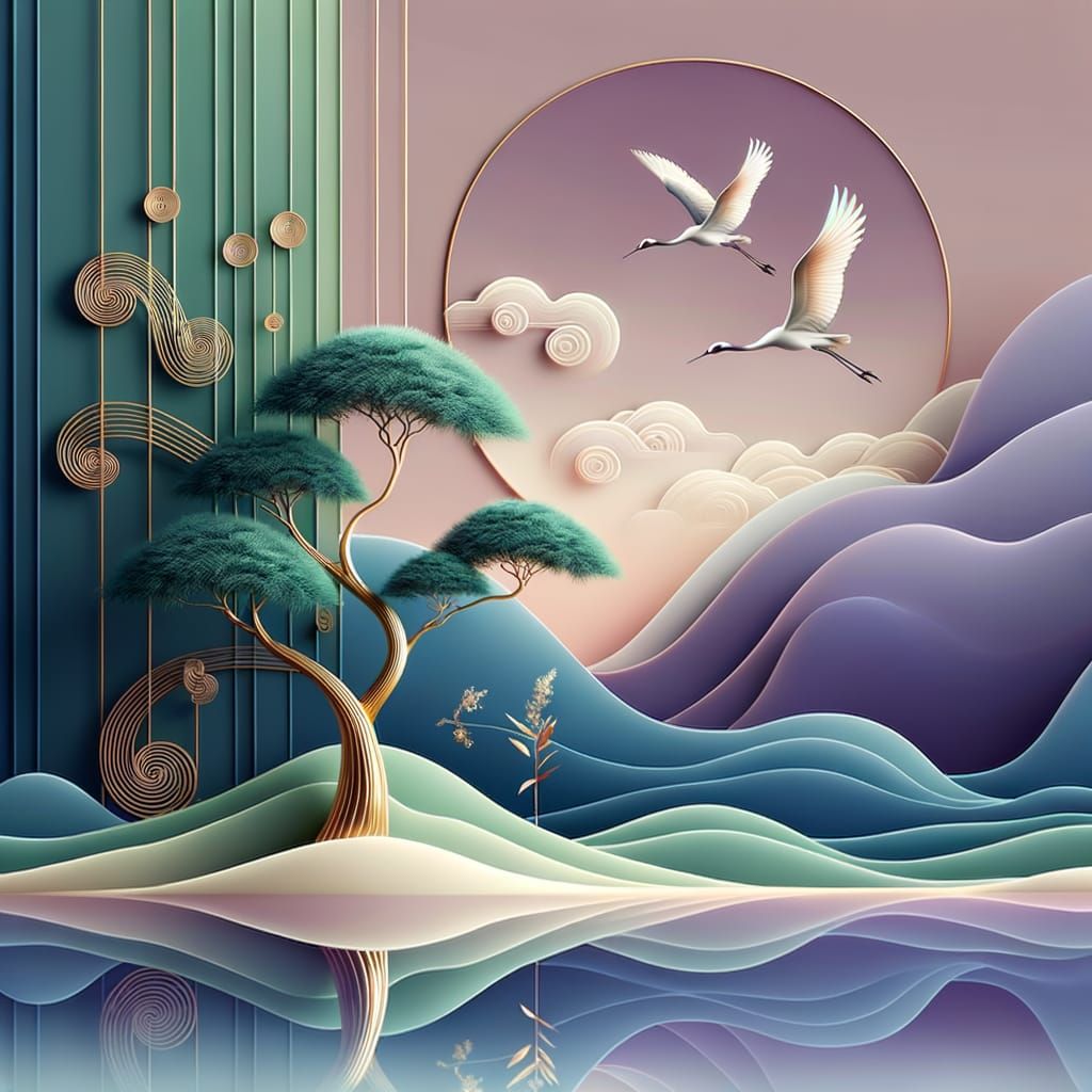 Minimalist Jade Bamboo Landscape with Cranes