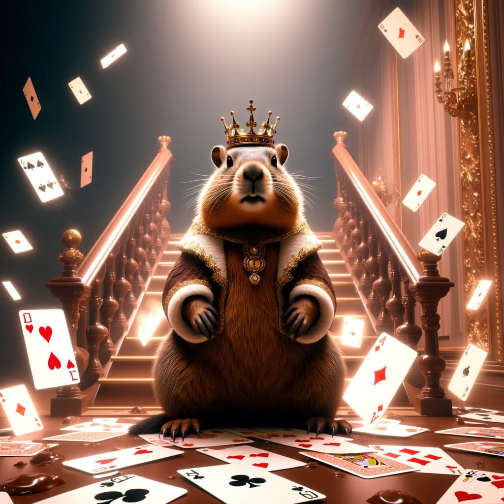 Crowned Marmot on Chocolate Staircase, Surreal Digital Art