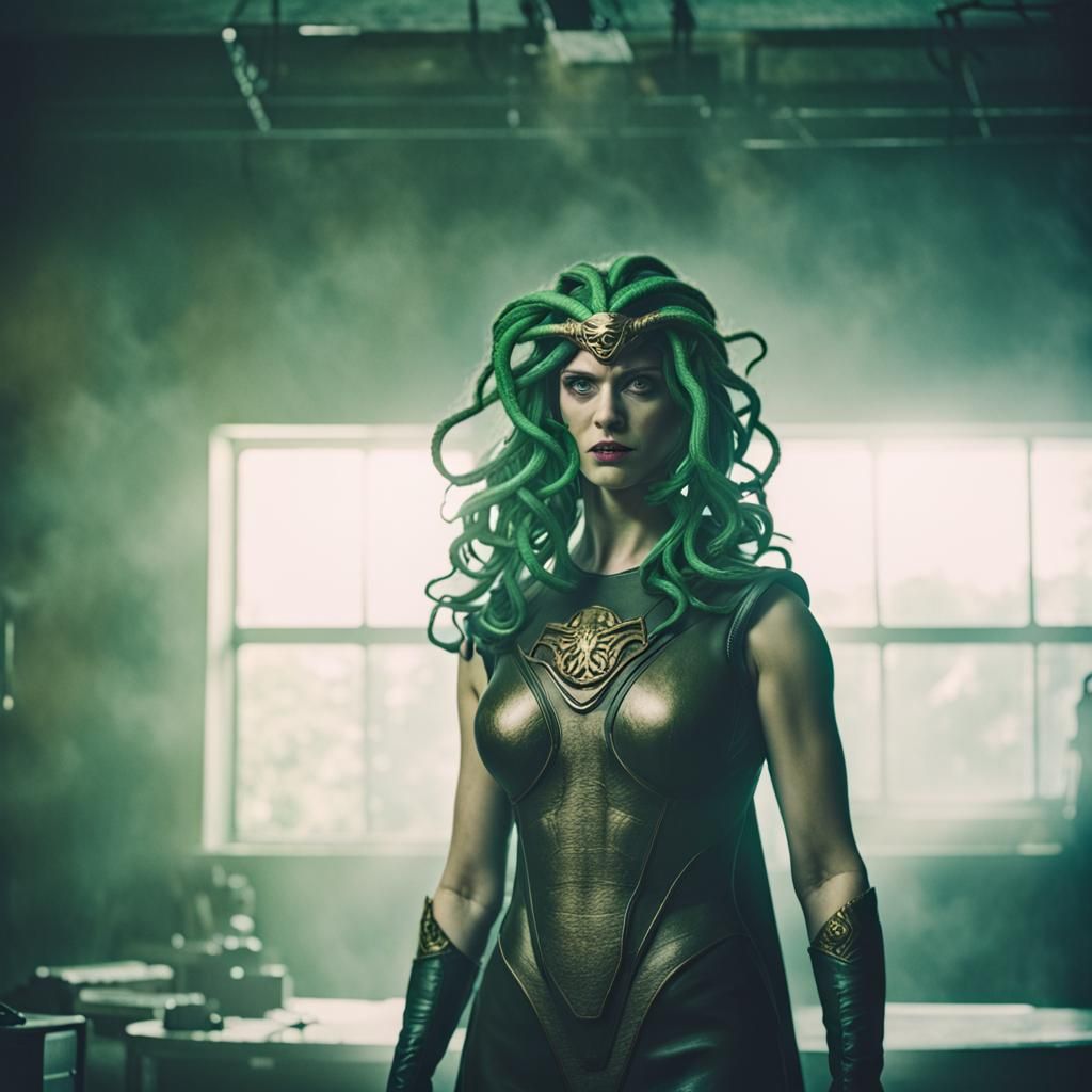 Medusa Reimagined as a Superhero: Cinematic Film Still