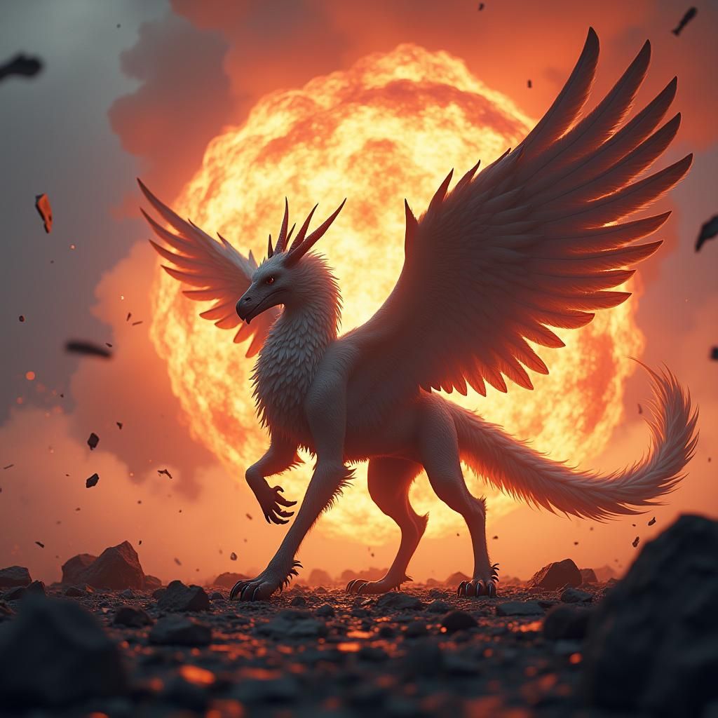 Griffin Walks Away from Explosion in Fantasy Realm
