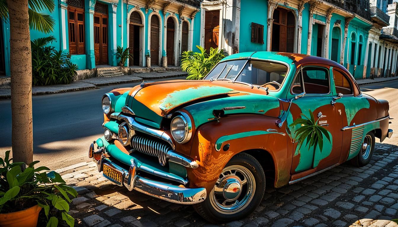 Havana Street Scene: 1950s Ford in Art Nouveau Style