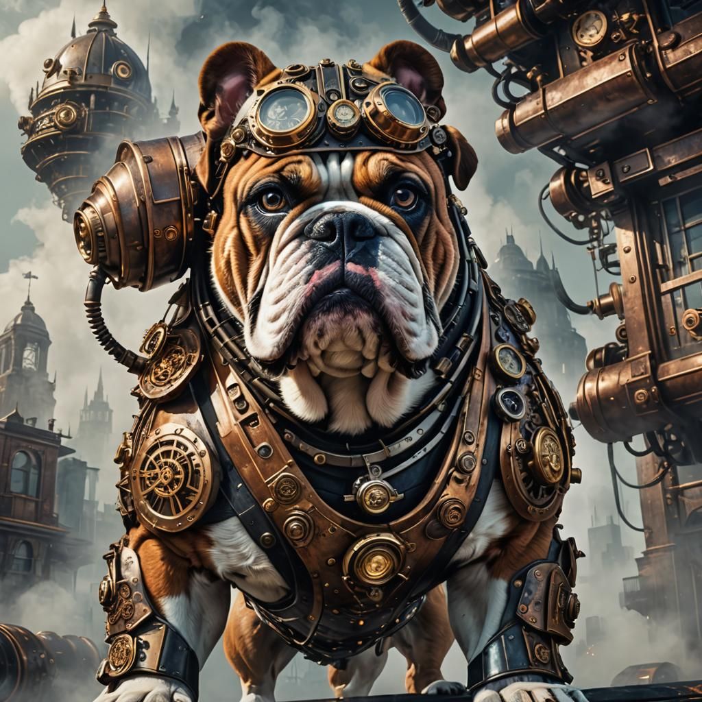 Steampunk Bulldog in Sci-Fi Cityscape