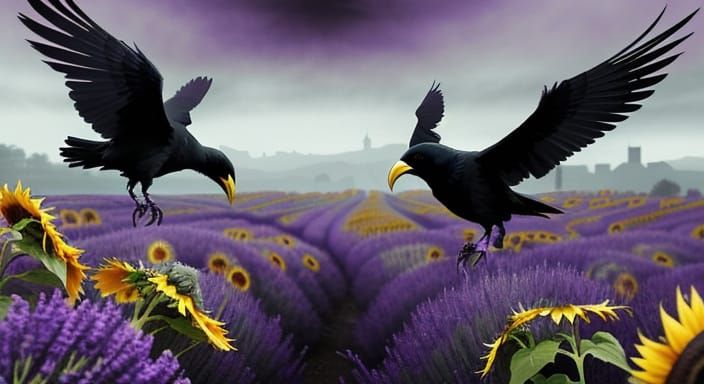 Gothic Ravens on Wilting Flowers in Eerie Meadow
