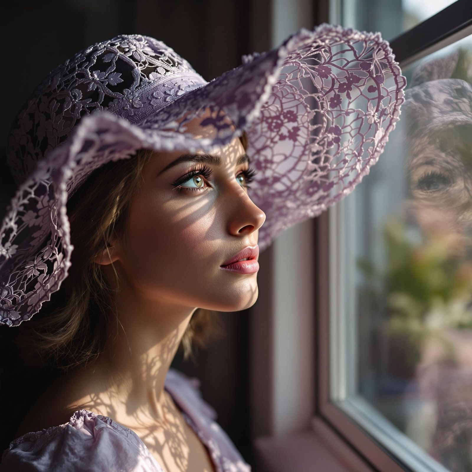 Woman in Lace Hat Gazing Out Window