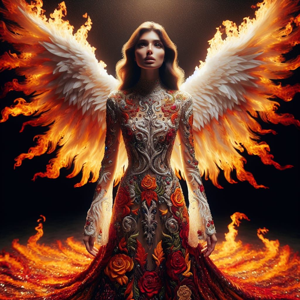 Woman in Flaming Dress with White Angel Wings