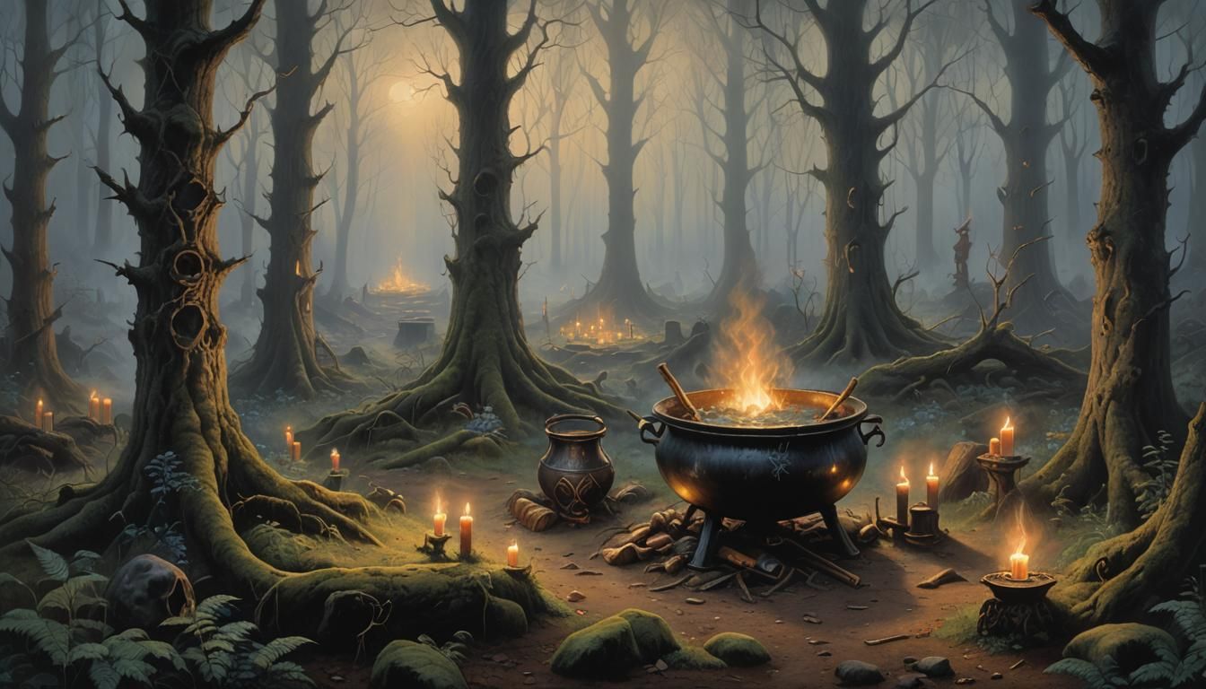 Gothic Oil Painting of Dark Forest Clearing