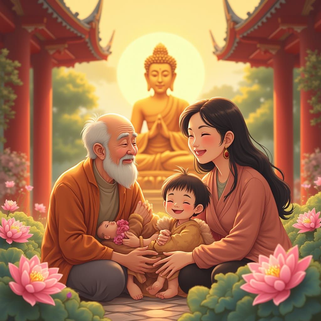 Serenely Happy Family in Vibrant Temple with Golden Buddha