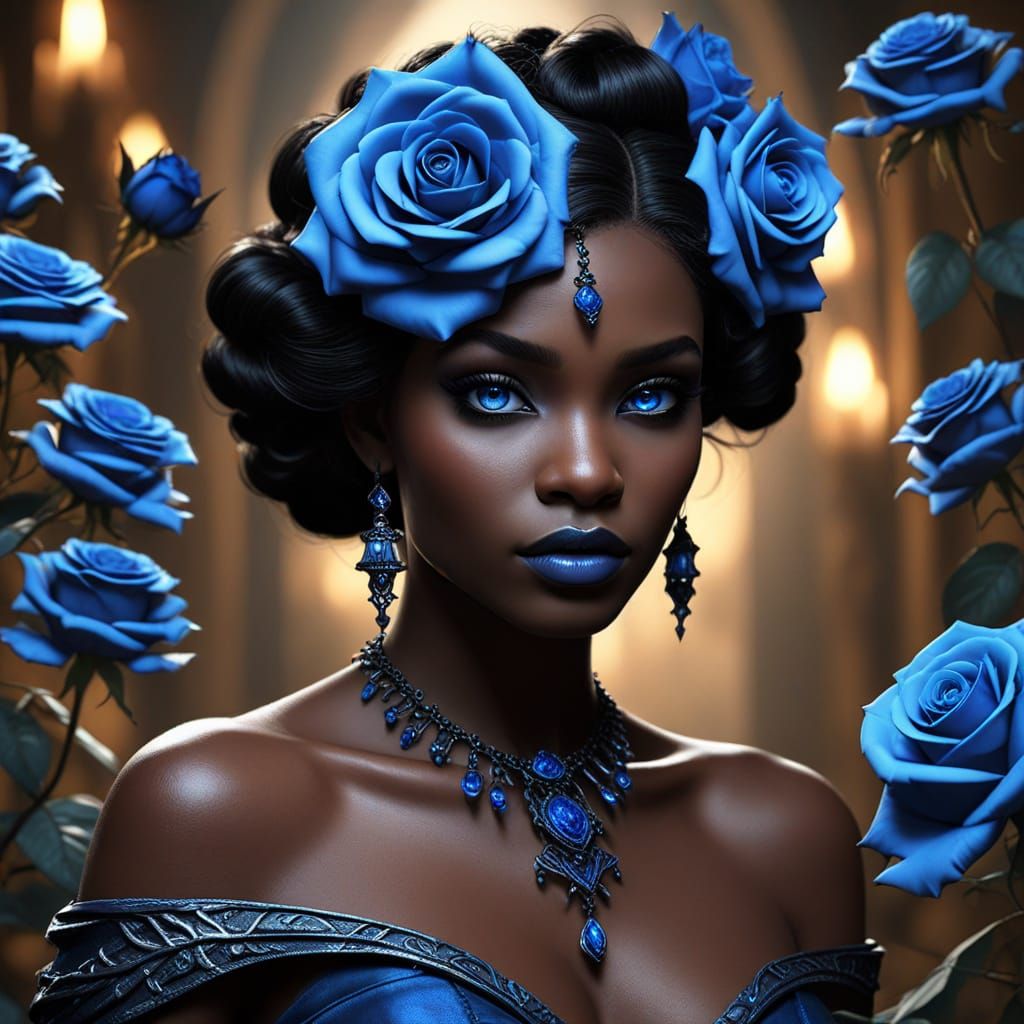 Vampiric Fae Goddess with Glowing Ice Blue Eyes and Ebony Sk...