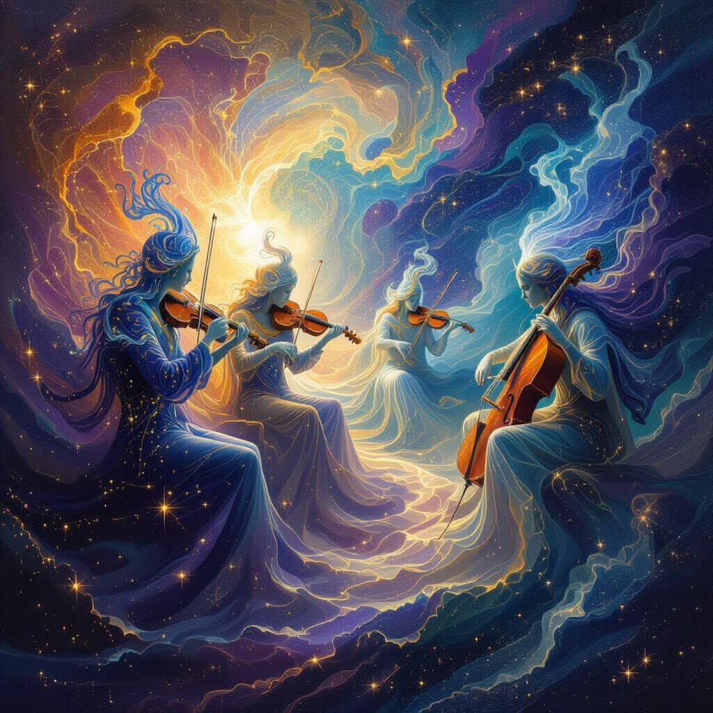 Cosmic Nebula Forms Ethereal Figures Playing Celestial Instr...
