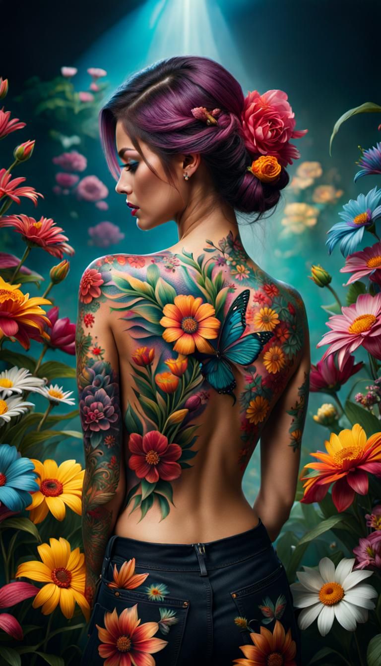 Woman's Back Covered in Colorful Flower Tattoos