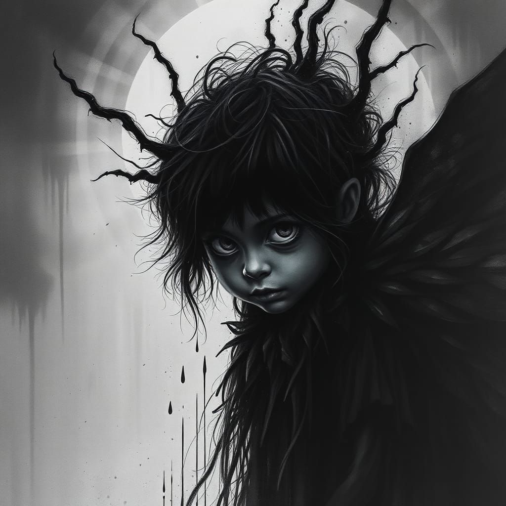 Child Encounters Dark Magic in Gothic Ink Drawing