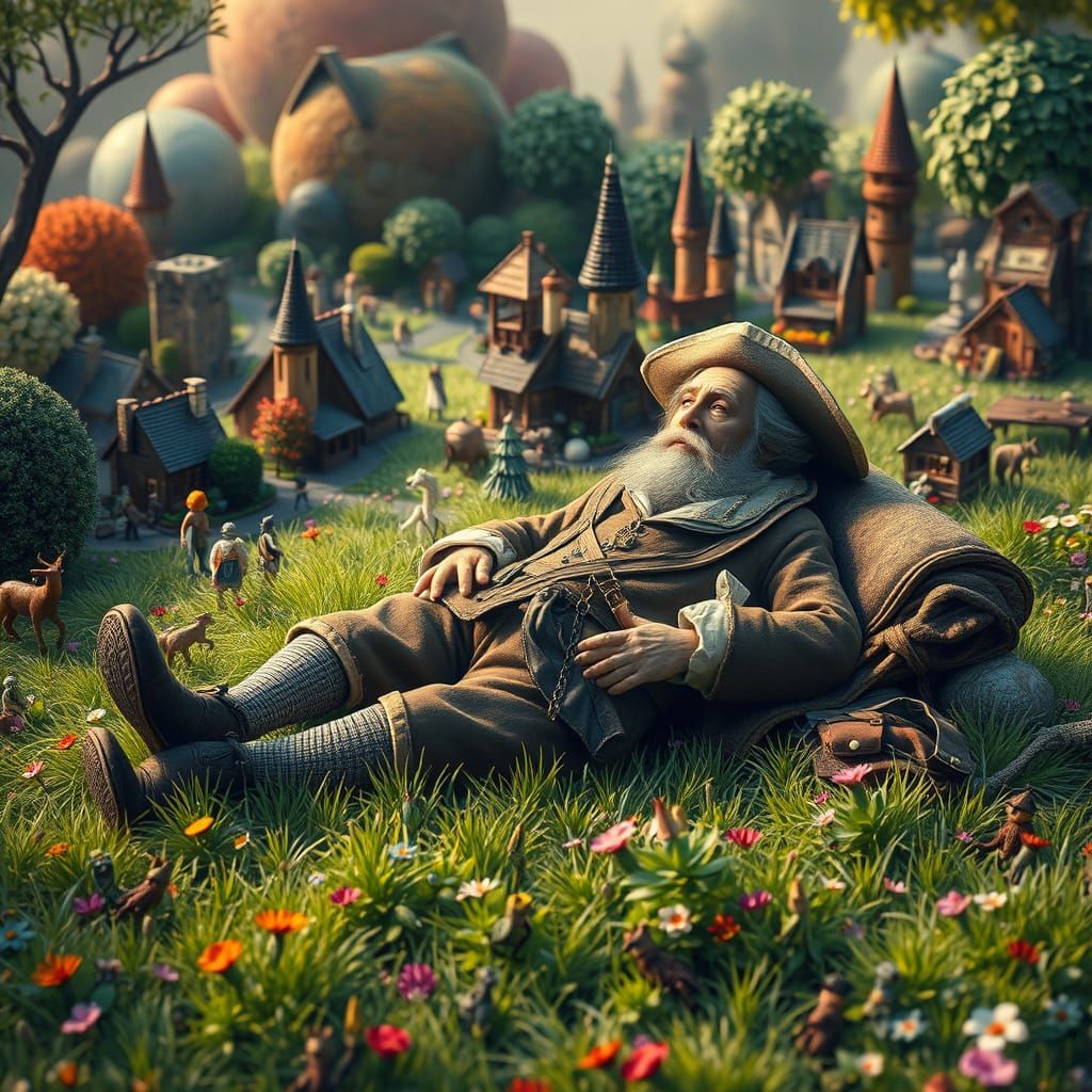 Gulliver in Whimsical Lilliputian Landscape