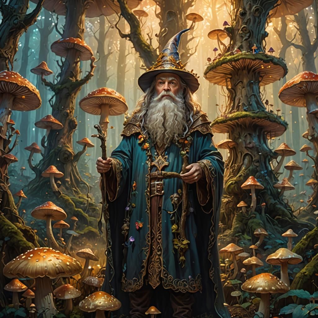 Wizard in Mushroom Forest Fantasy Illustration