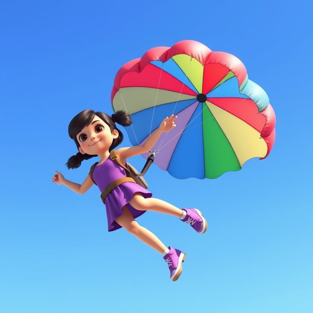 Girl Skydiving with Colorful Parachute in 3D Style