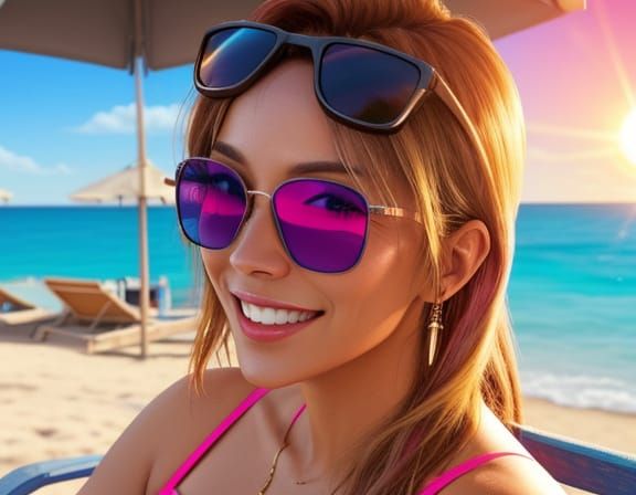 Smiling Sun in Sunglasses on Beach Chair, Grunge Oil Paintin...