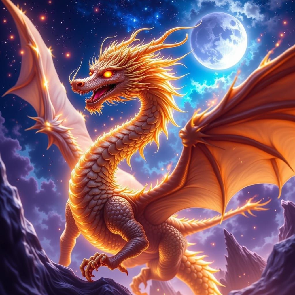 Golden Dragon Soaring Through Cosmic Twilight Sky