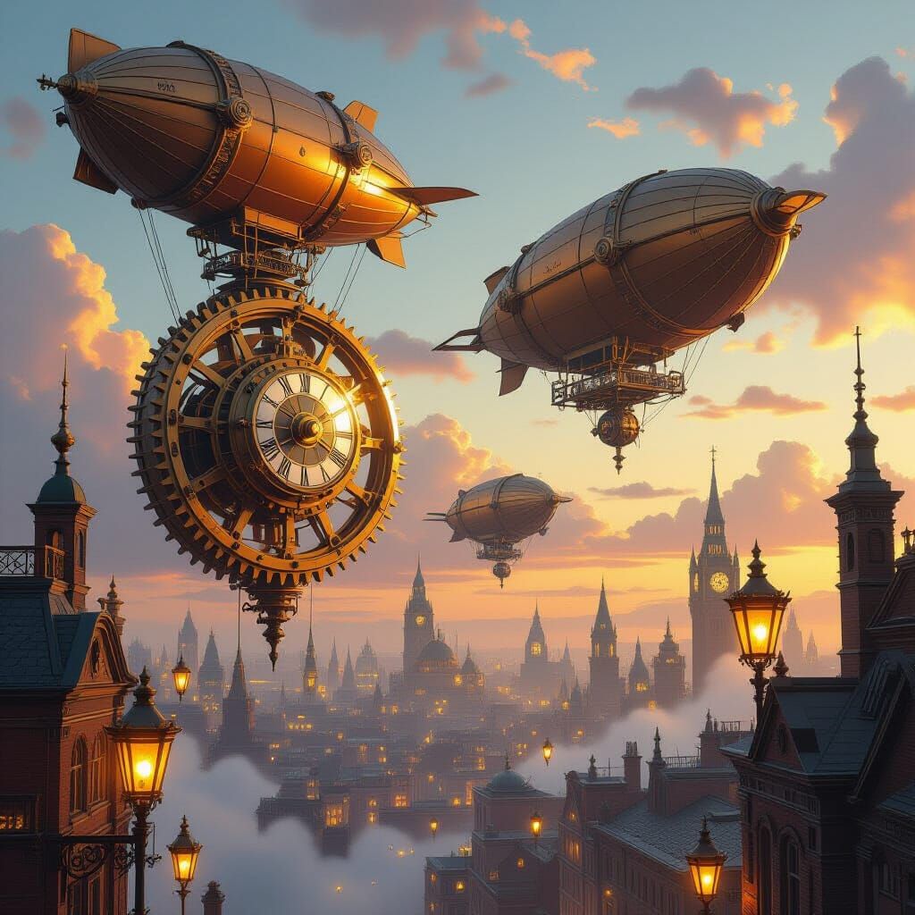 Steampunk Cityscape with Giant Clockwork Gears