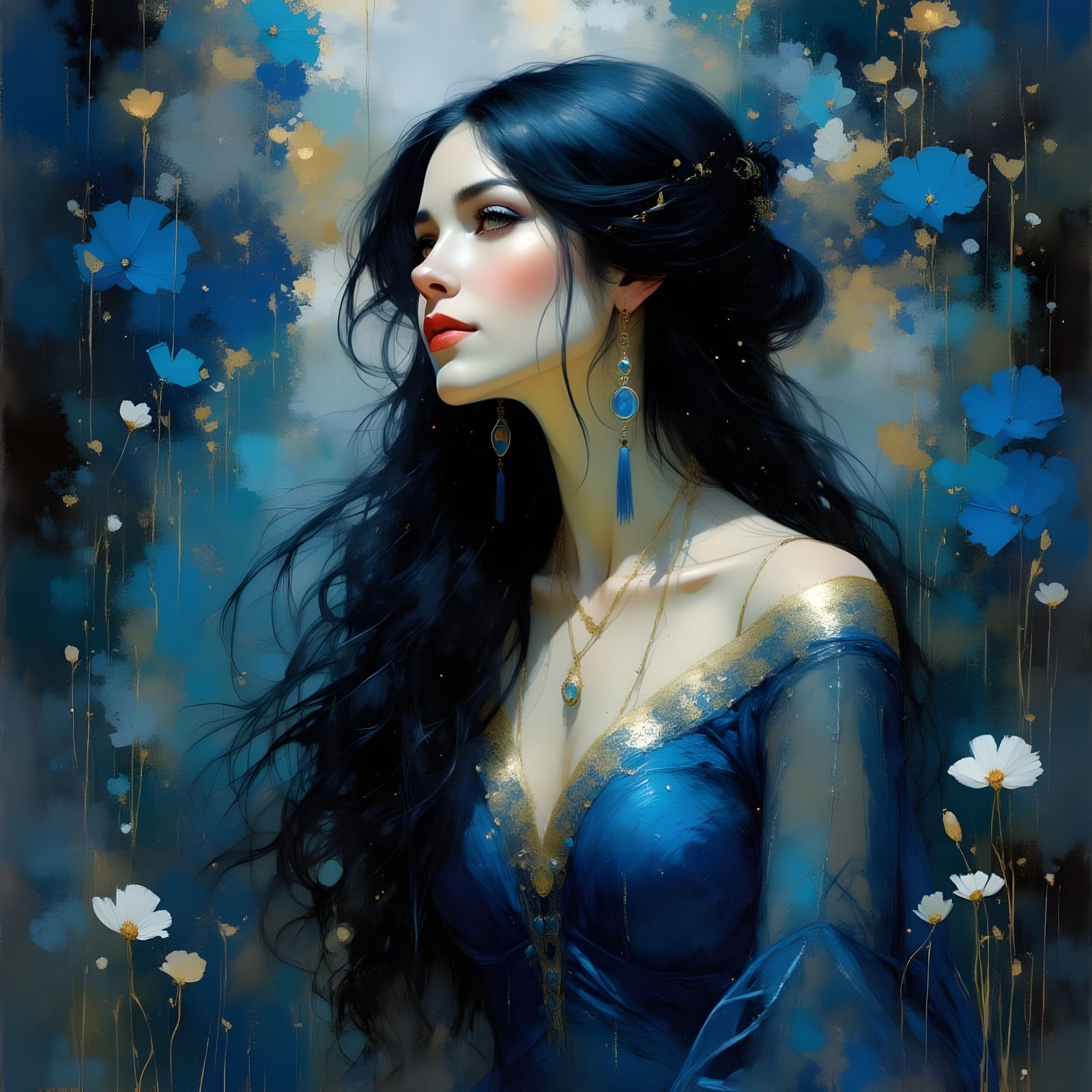 Norse Moon Goddess in Ethereal Blue Fantasy Scene