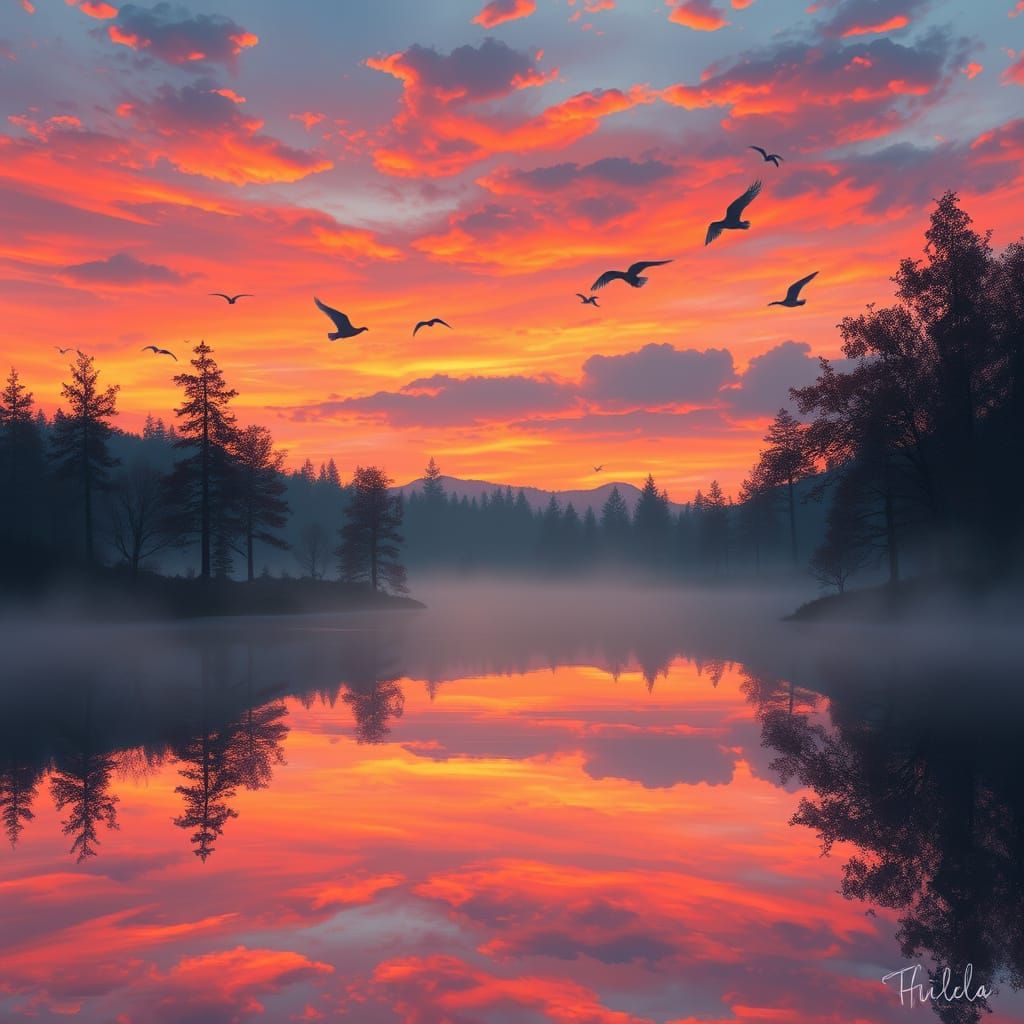 Ethereal Sunset Scene with Silhouetted Trees and Fantasy Ele...