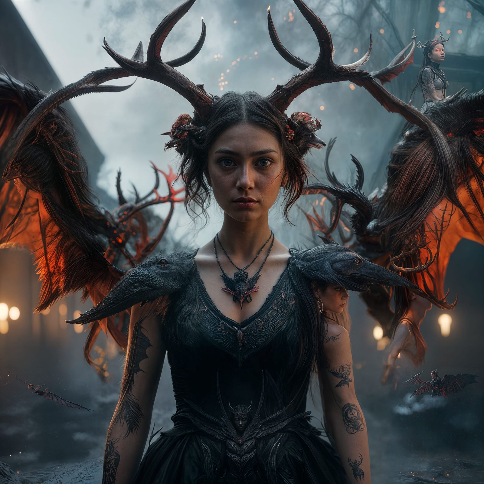 Girl with Dragon Wings and Deer Antlers