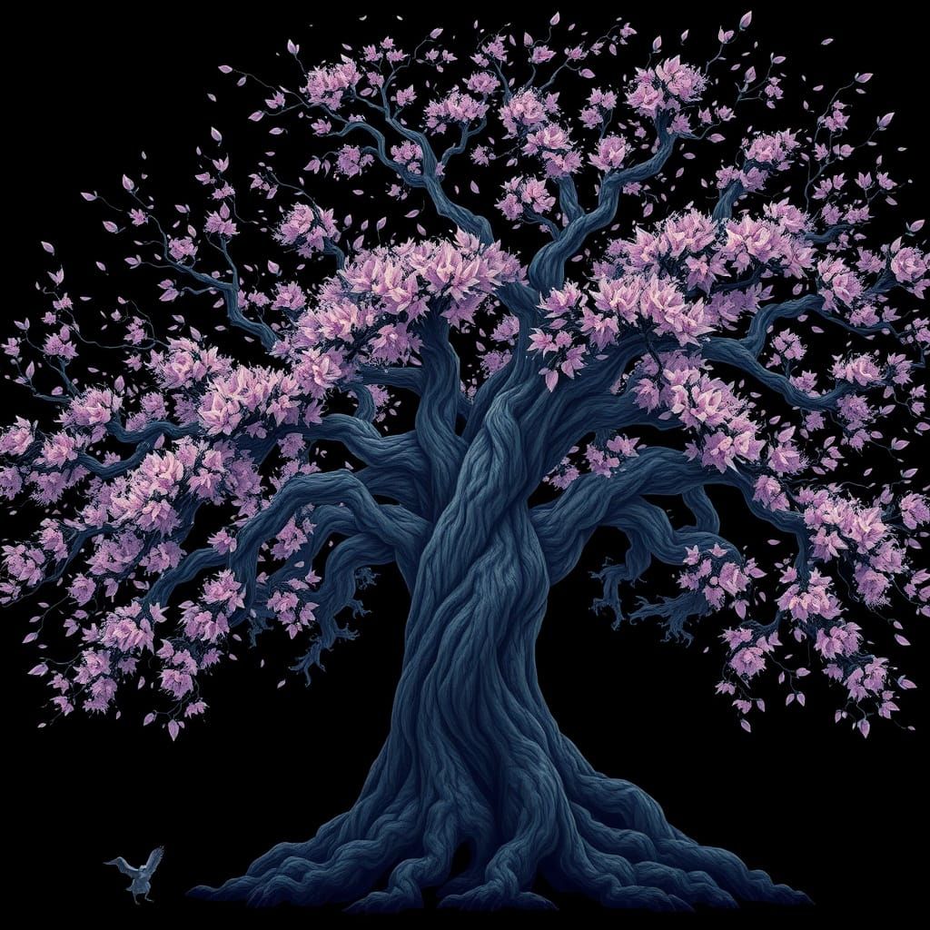 A striking tree with a dark, twisted trunk and sprawling bra...