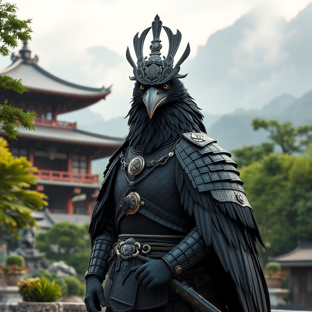 Majestic Tengu Samurai Standing Guard in Front of Ancient Ja...