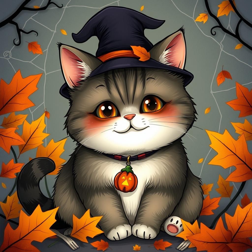 Chubby Cat in Witch Hat with Jack-o-Lantern