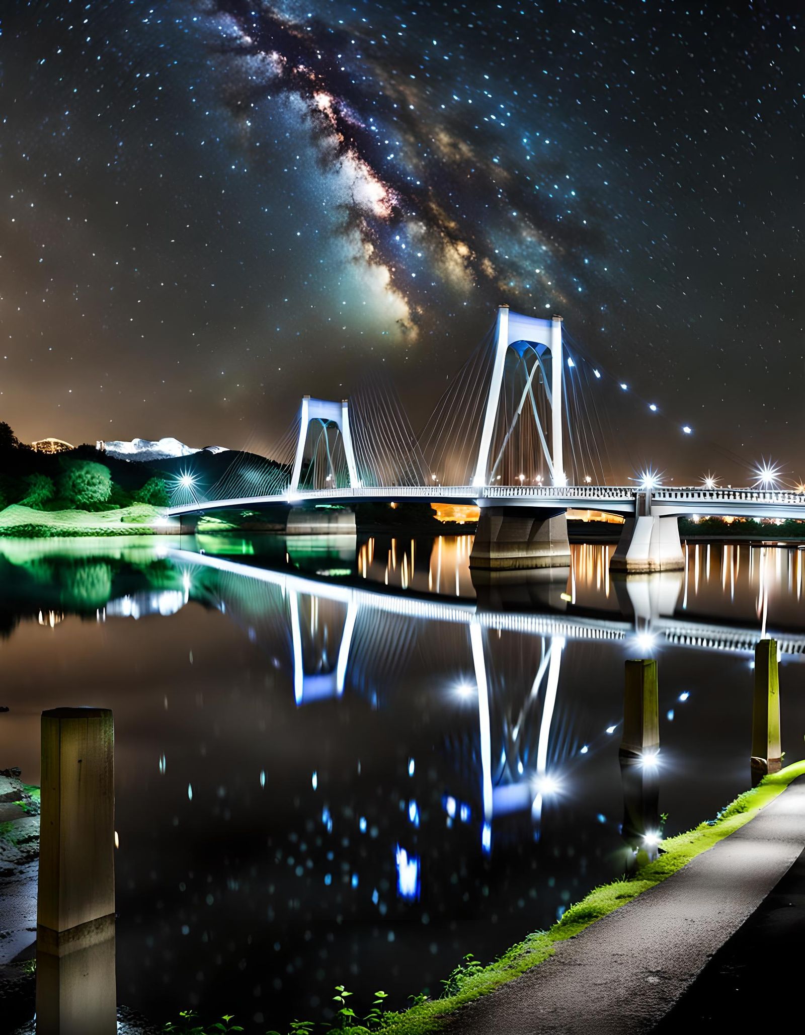 Night Bridge Reflection Over River