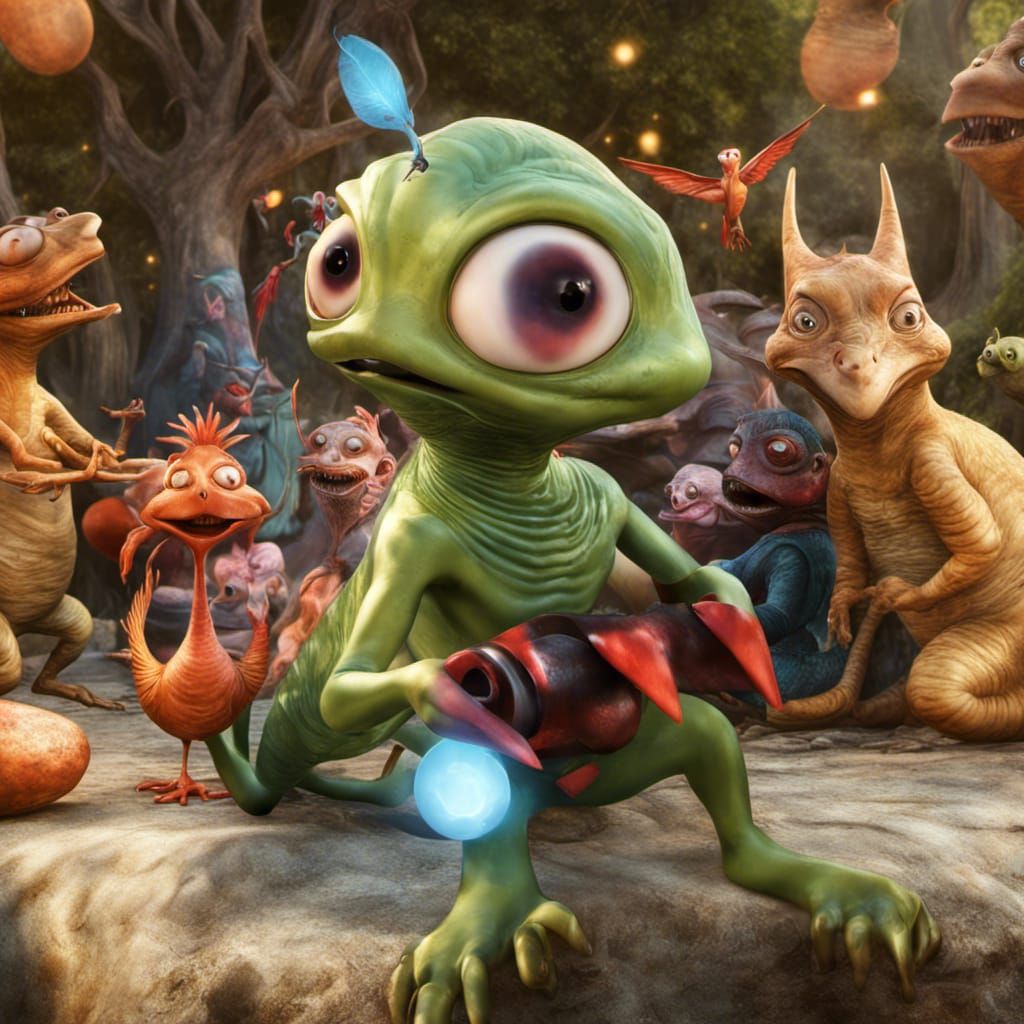 Alien Party with Slug and Bird Cartoon Characters