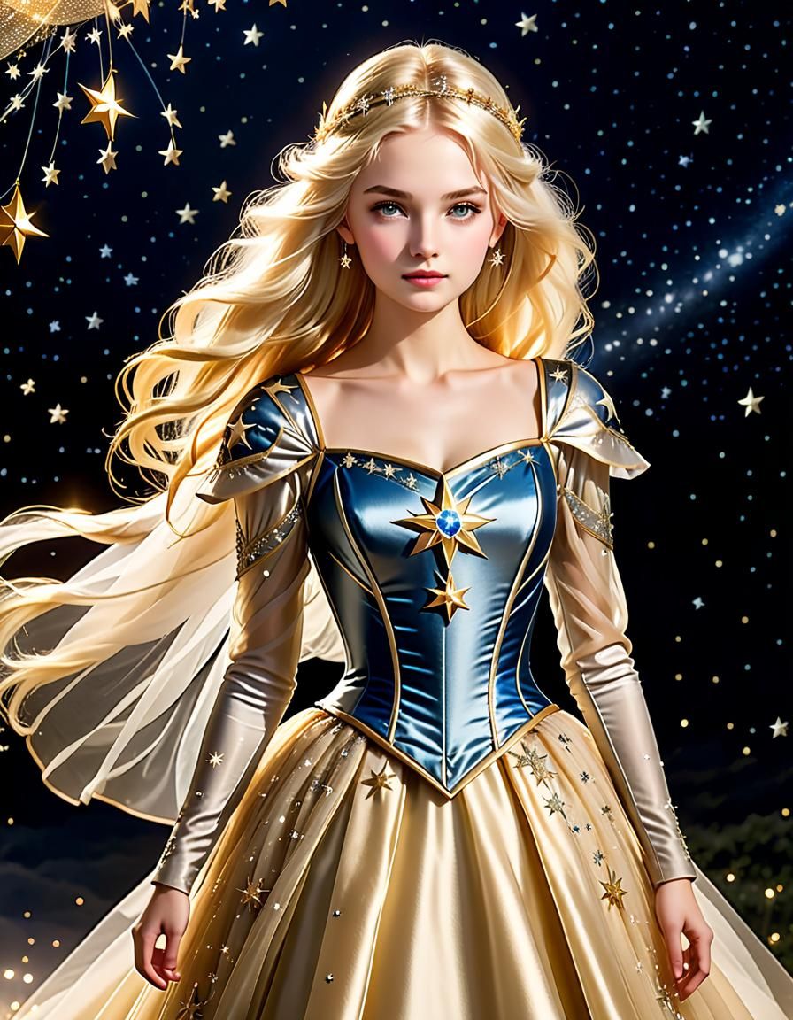 Defiant Princess in Starlight Gown, Fantasy Illustration