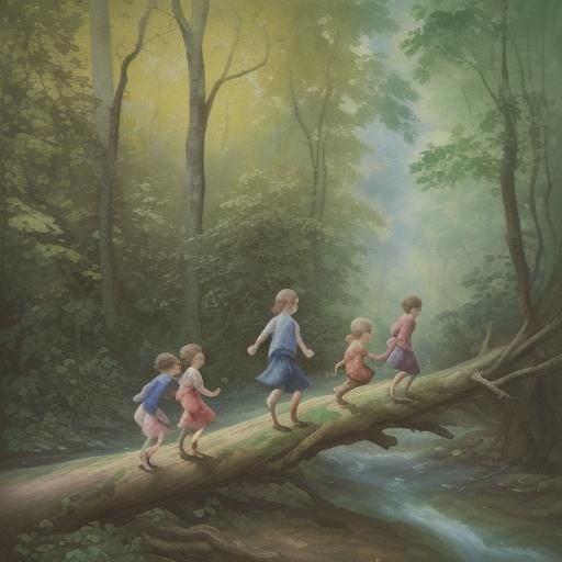 Using the trunk of a fallen tree. Three children crossing small stream, Using the trunk of a fallen tree. Three children...