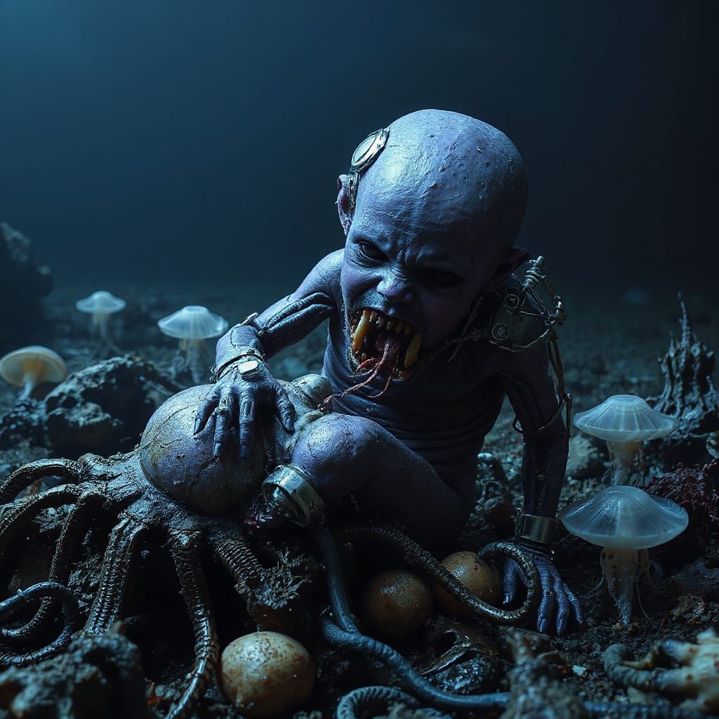 Biomechanical Zombie Feast in a Surreal Ocean Trench