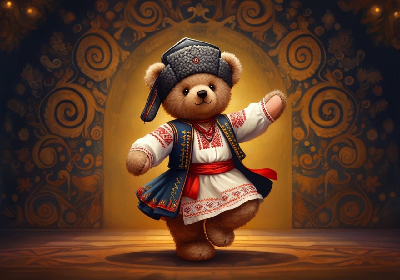 Teddy Bear Dances Kozachok in Folkloric Style
