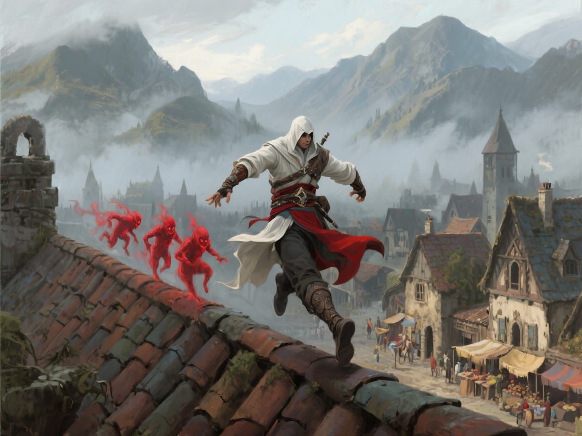 Assassin Running From Spirits in Medieval Village