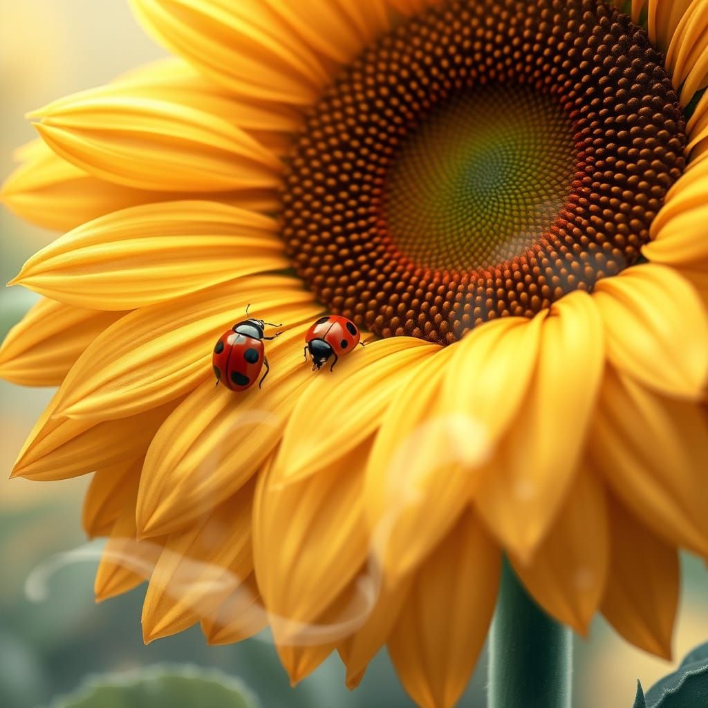 Ladybug on Sunflower in Dreamy Watercolor Style