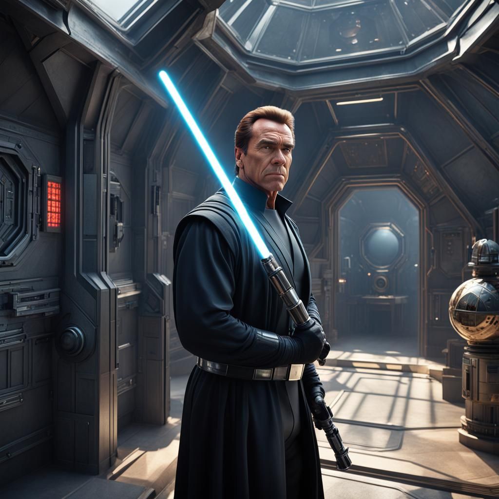 Schwarzenegger with Lightsaber on Alien Planet