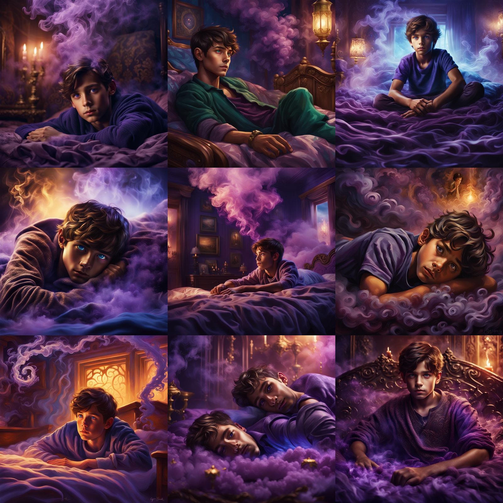 Boy in Purple Smoke: Detailed Matte Painting