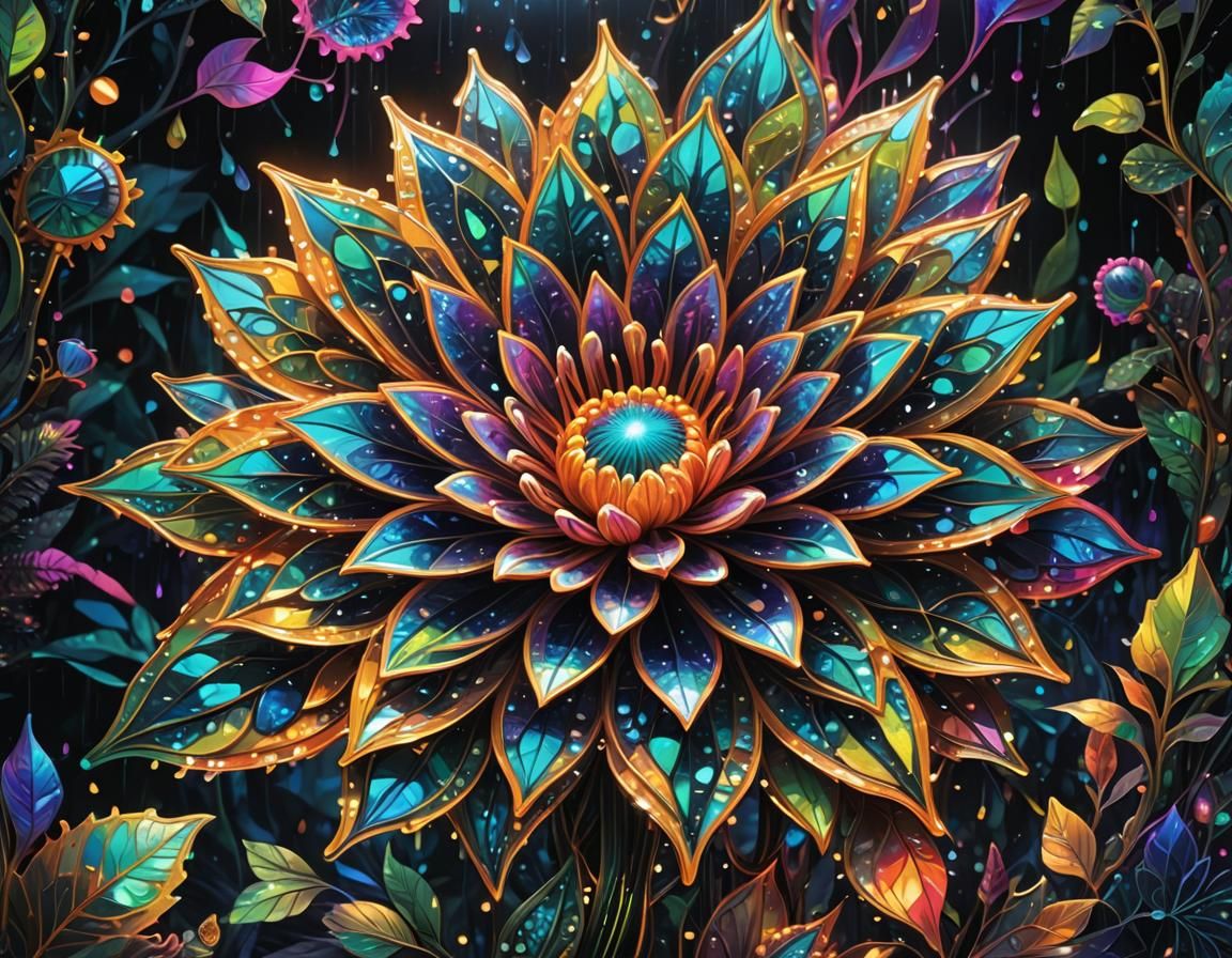 Iridescent Glass Flower in Bioluminescent Forest Art