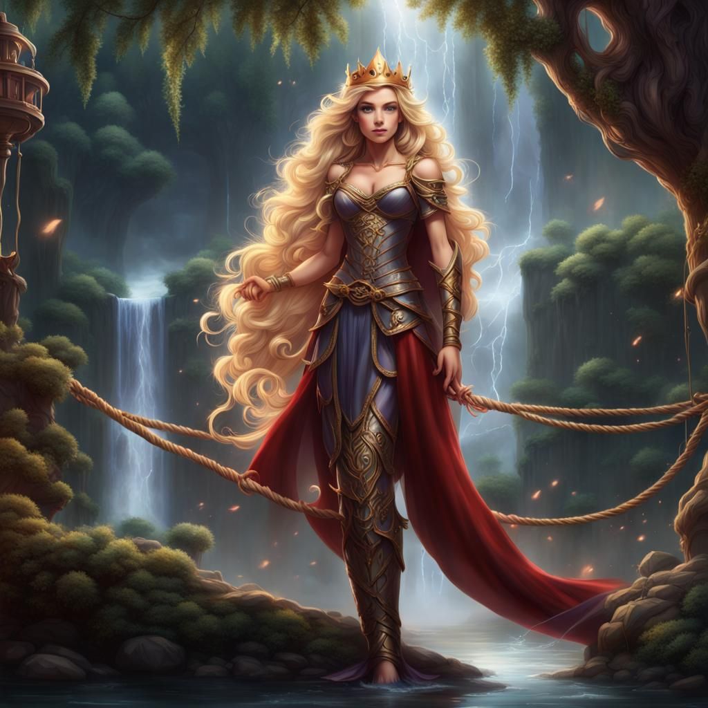 Warrior Queen with Rapunzel Hair in Stormy Landscape