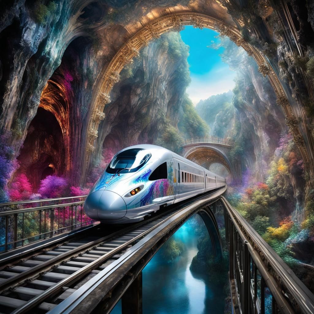 Transparent Bullet Train Crossing Underground Cavern